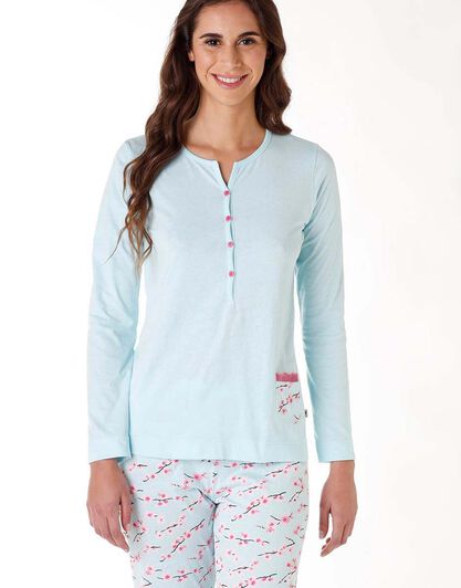 Pigiama lungo donna in 100% jersey di cotone, azzurro acqua, , LOVABLE