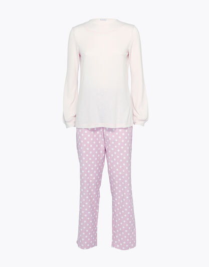 Pigiama lungo donna in flanella, avorio e rosa con pois, , LOVABLE