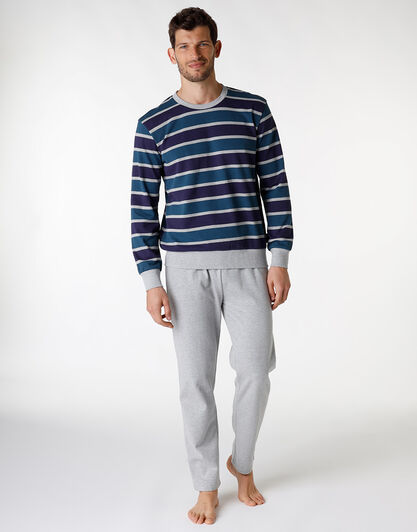 Pigiama lungo a righe in cotone, grigio melange e blu, , LOVABLE