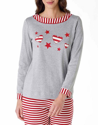 Pigiama lungo donna in cotone interlock, grigio melange e rosso, , LOVABLE