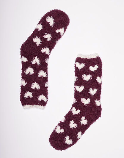 Calzini caldi donna, bordeaux con cuoricini, , LOVABLE