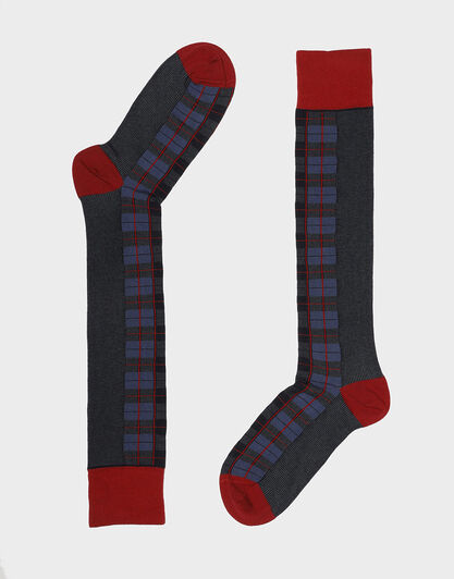 Calze lunghe natalizie in cotone, con stampa check e righe, , LOVABLE