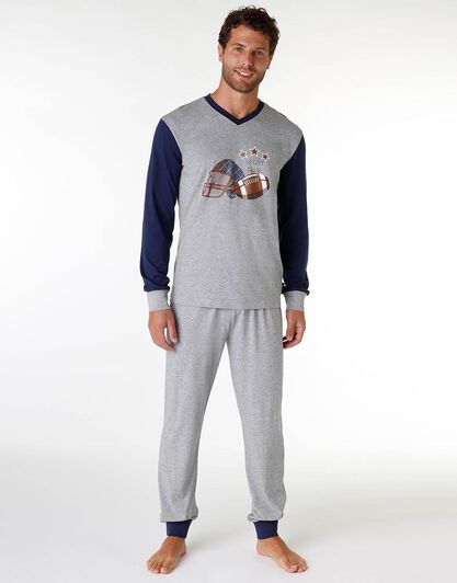 Pigiama uomo lungo in cotone jersey, grigio melange stampa rugby, , LOVABLE