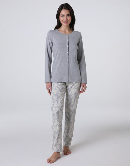 Pigiama Lungo Aperto in Interlock, grigio melange, , LOVABLE