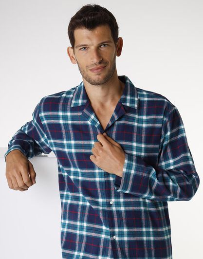 Pigiama Unisex lungo aperto in flanella, check blu e verde, , LOVABLE
