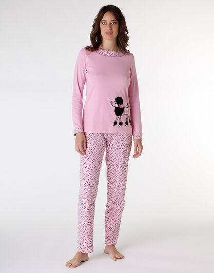 Pigiama lungo in jersey di cotone, rosa con motivi e stampa, , LOVABLE