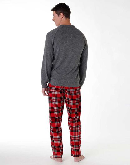 Pigiama lungo uomo in cotone interlock e flanella, grigio e rosso, , LOVABLE