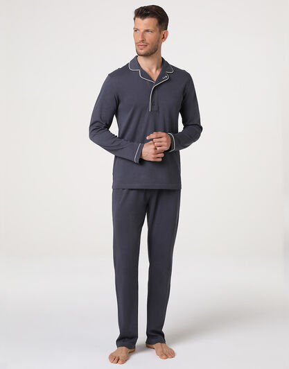 Pigiama Lungo Collo Serafino in Interlock, ebano, , LOVABLE