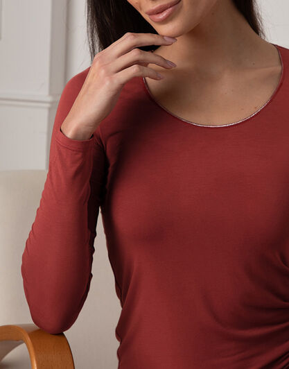 Maglia Manica Lunga Scollo Ampio Micromodal, rosso marrone,  Maglia Manica Lunga Scollo Ampio Micromodal, rosso marrone, , LOVABLE