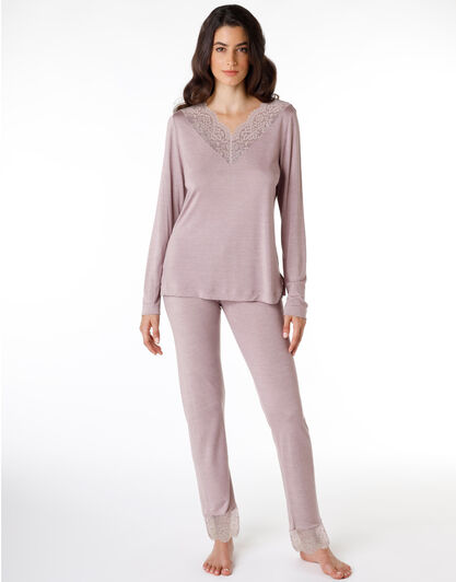 Pigiama lungo donna in jersey di 100% cotone modal e pizzo, grigio lillato, , LOVABLE