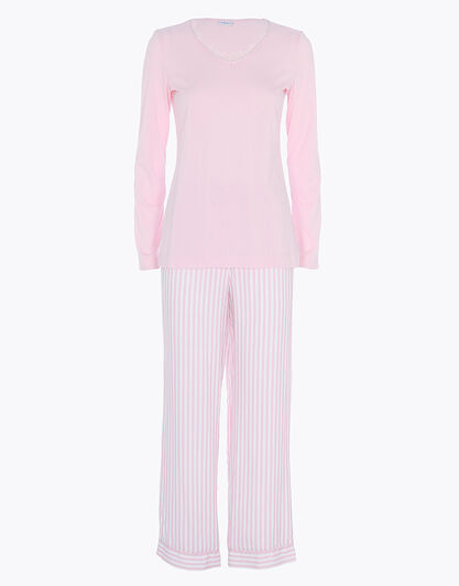Pigiama Lungo scollo a V in cotone modal e tela di viscosa, rosa sorbetto, , LOVABLE