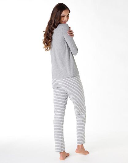 Pigiama lungo donna in jersey di cotone, grigio melange, , LOVABLE