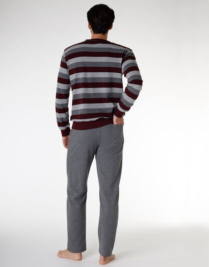 Pigiama lungo uomo in felpa garzata, righe grigio e bordeaux, , LOVABLE