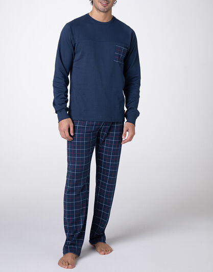 Pigiama Lungo Girocollo in Interlock, blu navy,  Pigiama Lungo Girocollo in Interlock, blu navy, , LOVABLE