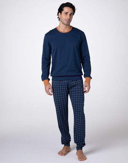 Pigiama Lungo Girocollo Interlock, blu navy, , LOVABLE