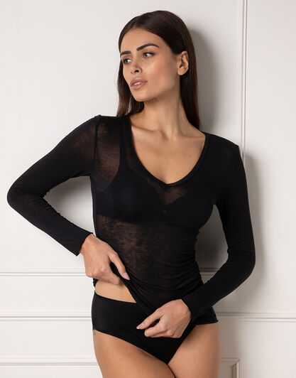 Maglia a manica lunga con scollo a V in modal e cashmere, nero, , LOVABLE