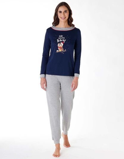 Pigiama donna lungo in cotone interlock, blu con stampa di gufo, , LOVABLE