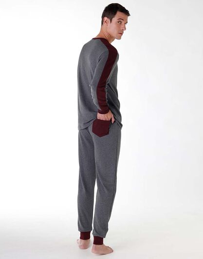 Pigiama lungo uomo in cotone interlock, grigio melange e bordeaux, , LOVABLE