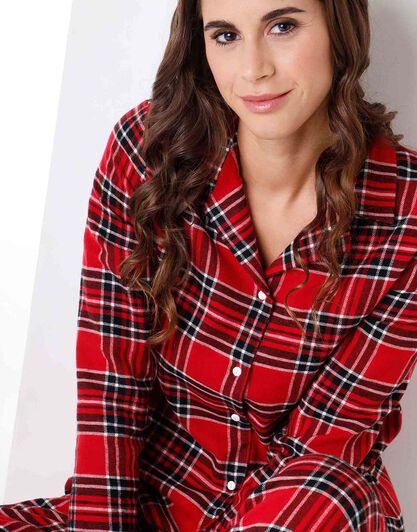 Pigiama lungo donna in flanella, rosso tartan, , LOVABLE