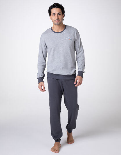 Pigiama Lungo Girocollo Interlock, grigio melange, , LOVABLE