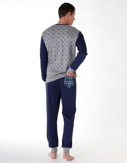 Pigiama lungo uomo in cotone interlock, grigio con stampa, , LOVABLE