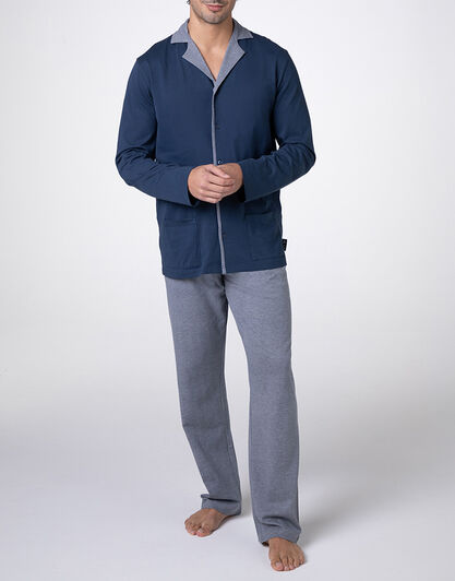 Pigiama Lungo Aperto in Jersey, blu navy,  Pigiama Lungo Aperto in Jersey, blu navy, , LOVABLE