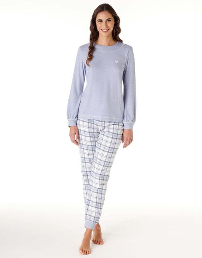 Pigiama lungo donna in maglia calda e flanella, azzurro polvere, , LOVABLE