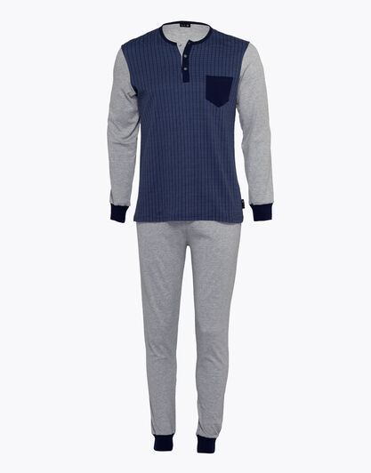 Pigiama lungo uomo in cotone interlock, blu navy stampato, , LOVABLE
