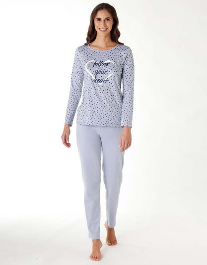 Pigiama donna lungo jersey 100% cotone, blu polvere, , LOVABLE