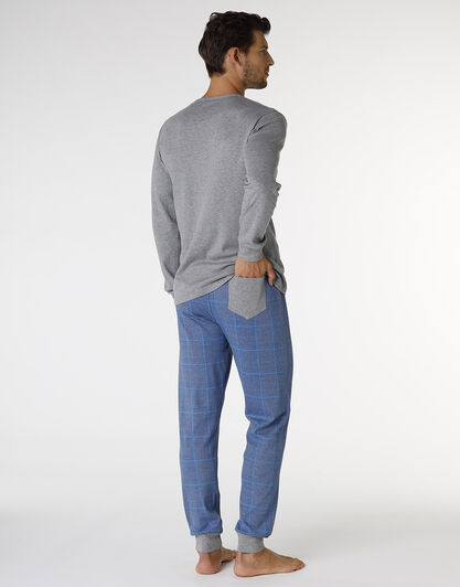 Pigiama lungo in interlock di cotone, grigio melage scuro e blu polvere con stampa, , LOVABLE