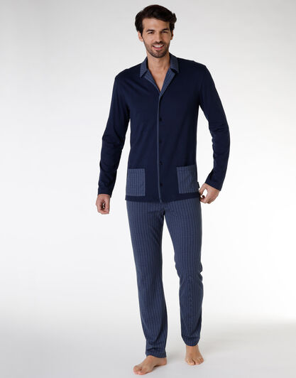 Pigiama lungo in 100% di jersey di cotone, blu navy, , LOVABLE
