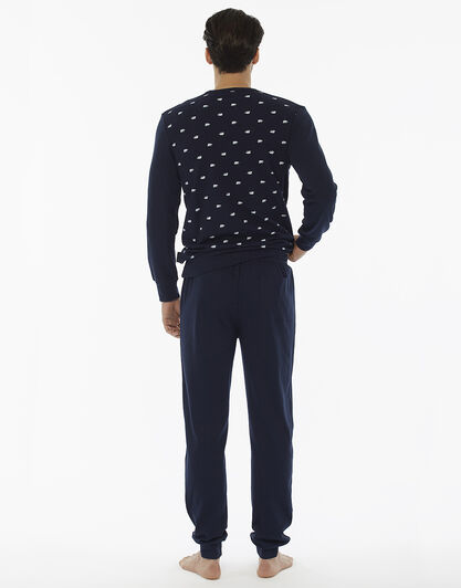 Pigiama manica e gamba lunga blu stampato in 100% cotone , , LOVABLE
