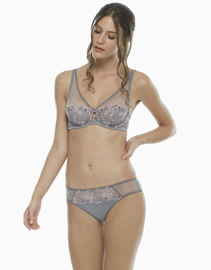 Slip grigio scuro, in tulle ricamato, raso elasticizzato e tulle elasticizzato, , LOVABLE