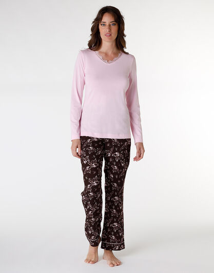 Pigiama lungo in jersey modal e viscosa, rosa con stampa floreale, , LOVABLE