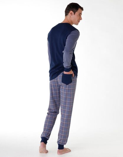 Pigiama uomo lungo in cotone interlock, blu navy e melange, , LOVABLE