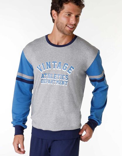 Pigiama uomo lungo in cotone interlock, blu brillante e grigio, , LOVABLE