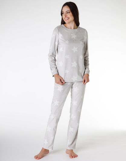 Pigiama donna lungo in micropile, grigio chiaro con stampa, , LOVABLE