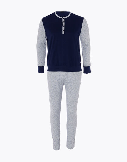 Pigiama lungo uomo in jersey di cotone, blu navy e grigio stampato, , LOVABLE