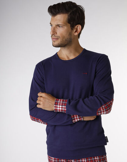 Pigiama in interlock di cotone, blu navy e stampa check rosso e bianco, , LOVABLE