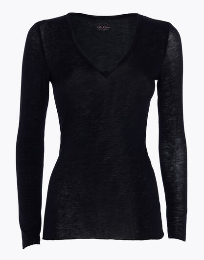 Maglia a manica lunga con scollo a V in modal e cashmere, nero, , LOVABLE