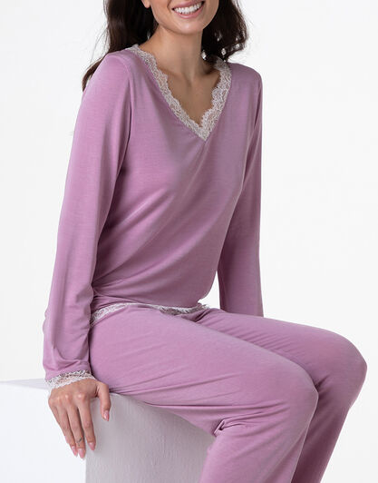 Pigiama Lungo scollo a V in Modal, rosa orchidea, , LOVABLE