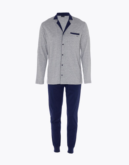 Pigiama lungo uomo in jersey di cotone, grigio melange e blu, , LOVABLE