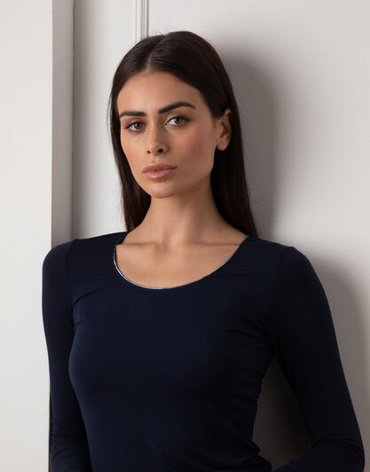 Maglia Manica Lunga Scollo Ampio Micromodal, blu notte, , LOVABLE
