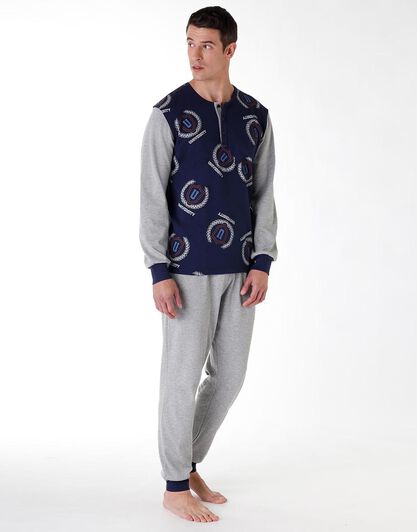 Pigiama uomo lungo in cotone interlock, blu navy con stampa, , LOVABLE