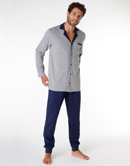 Pigiama lungo uomo in jersey di cotone, grigio melange e blu, , LOVABLE
