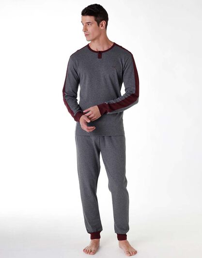 Pigiama lungo uomo in cotone interlock, grigio melange e bordeaux, , LOVABLE