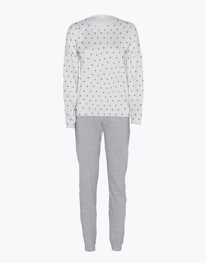 Pigiama donna lungo in cotone interlock, avorio con cuori, , LOVABLE