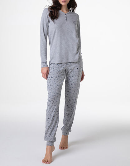 Pigiama Lungo Serafino in Interlock, grigio melange,  Pigiama Lungo Serafino in Interlock, grigio melange, , LOVABLE