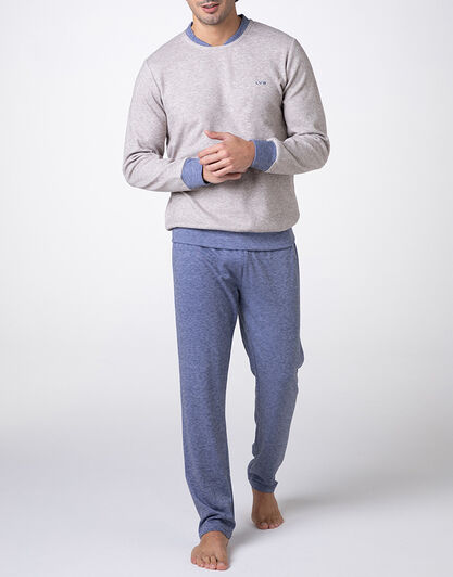 Pigiama Lungo Girocollo in Caldo Interlock, beige melange,  Pigiama Lungo Girocollo in Caldo Interlock, beige melange, , LOVABLE