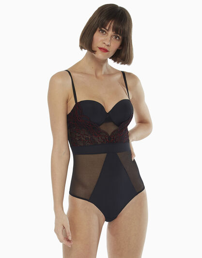 Body con inserti in pizzo, nero e rosso, , LOVABLE